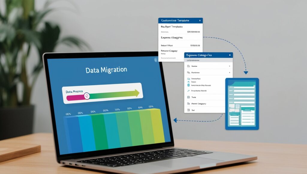 A progress bar showing data migration in process on a laptop