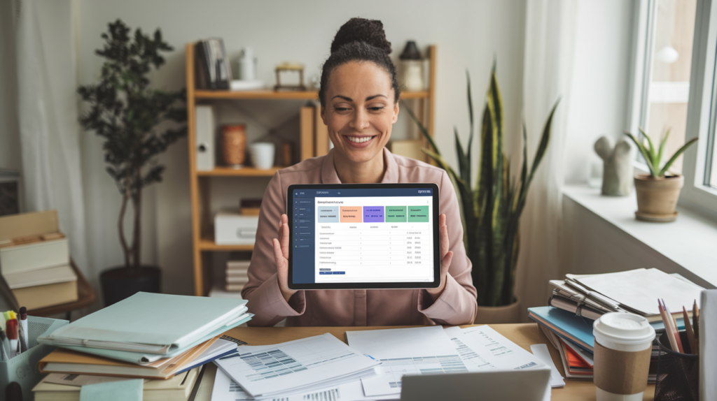 A smiling therapist holding a tablet with accounting software on the screen