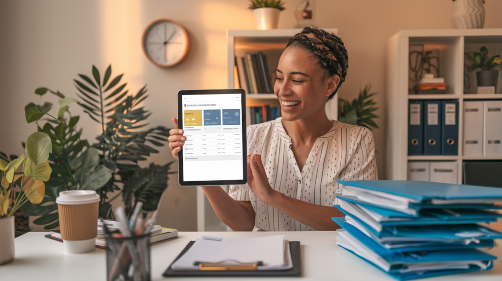 A smiling therapist holding a tablet with accounting software on the screen for his billing software for therapists
