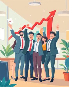 Illustration of a successful business team celebrating with charts 