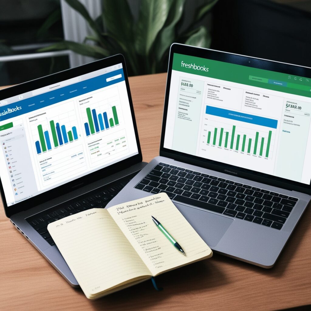 Two open laptops side-by-side, one displaying the QuickBooks interface and the other showing FreshBooks. Charts, financial reports, and invoices appear on each screen