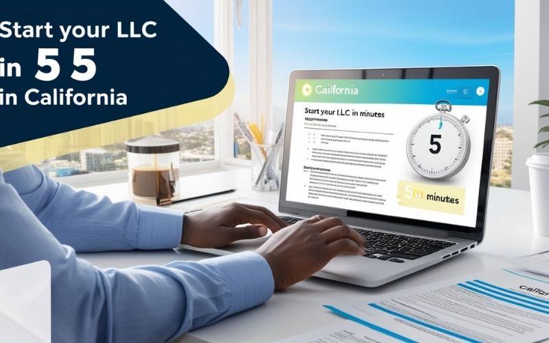 California map with business elements like documents and a laptop, showcasing fast LLC formation with CorpNet.