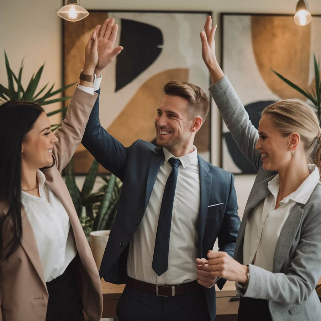 A real estate agent celebrating with clients in an office setting, representing successful email marketing campaigns. Warm and inviting atmosphere