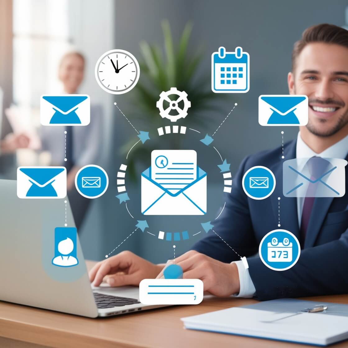 A visual of an automated email system, with icons of a clock, gear, and calendar around an email sending out automatically.
