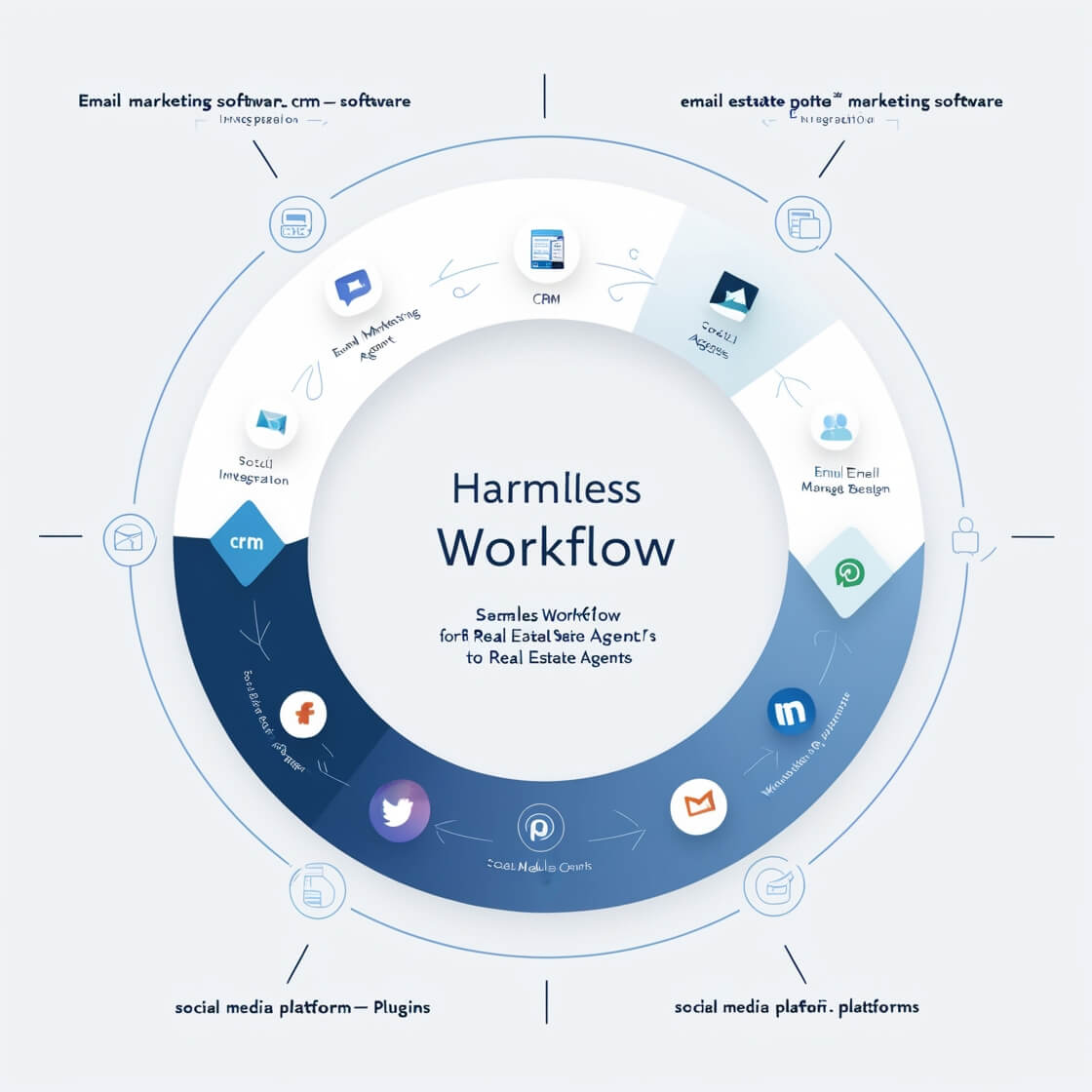 Diagram showing integration between email marketing software, CRM, social media platforms, and website plugins for real estate agents. Focus on seamless workflow and efficiency.