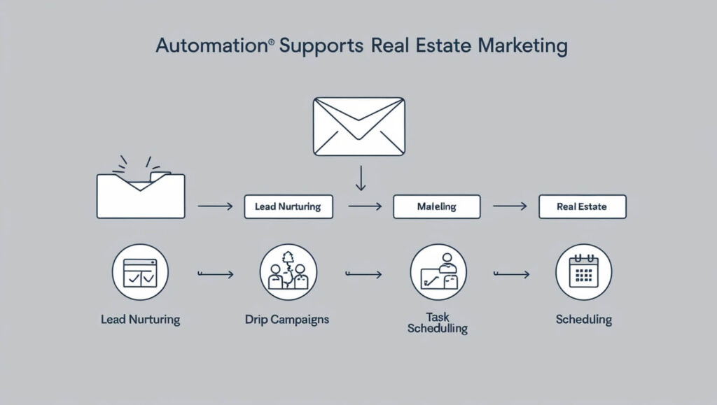 Illustration of an automated email sequence with icons for best email marketing software for real estate 