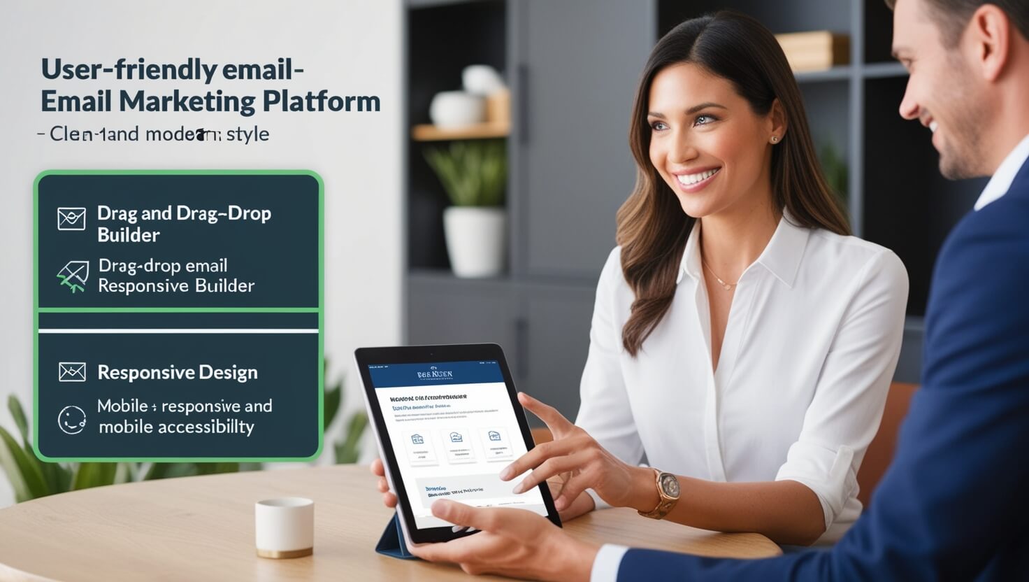 Real estate agent using a user-friendly email marketing platform on a tablet