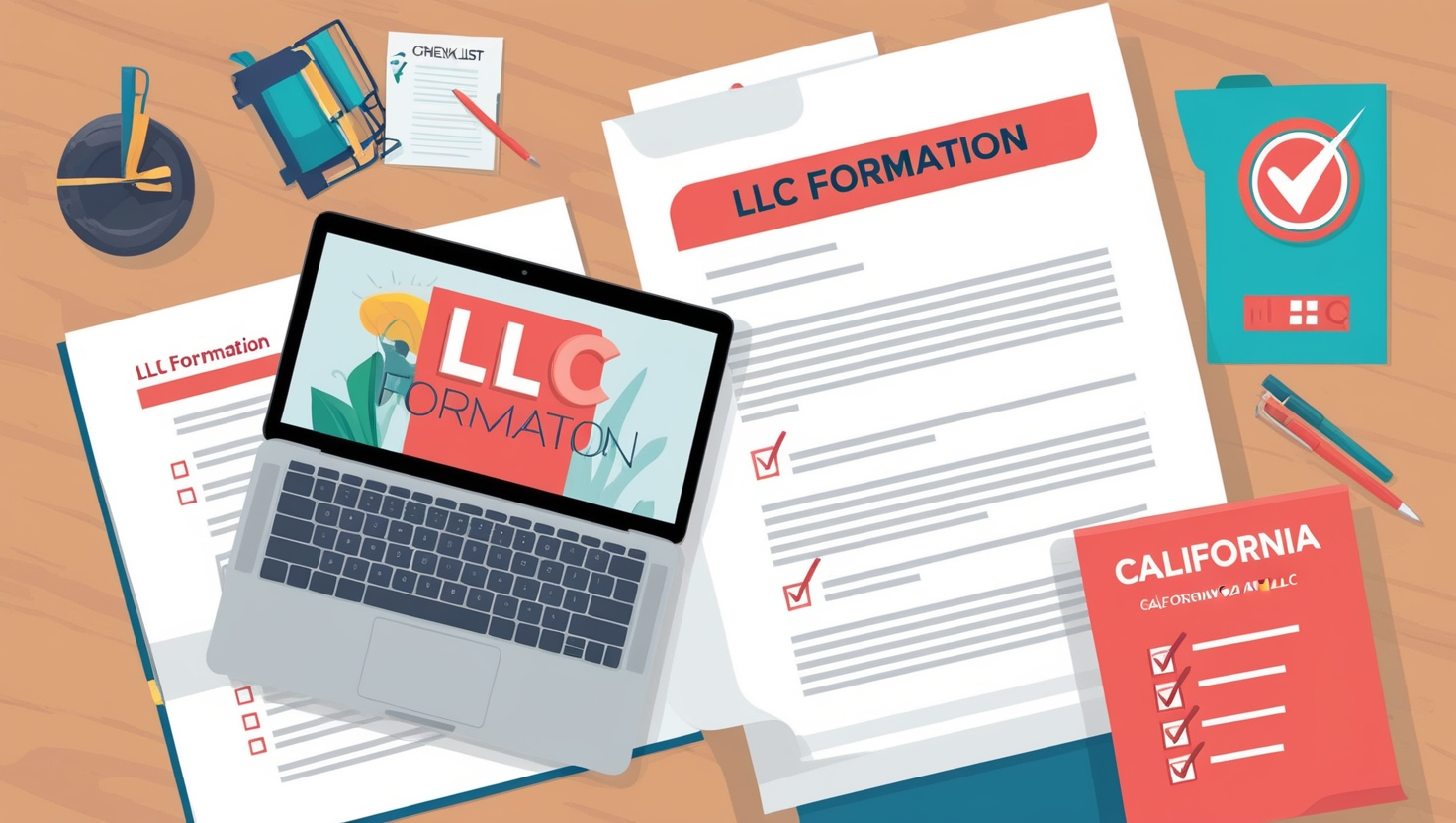 Checklist and laptop on a desk symbolizing a simple process for start your LLC with CorpNet in California