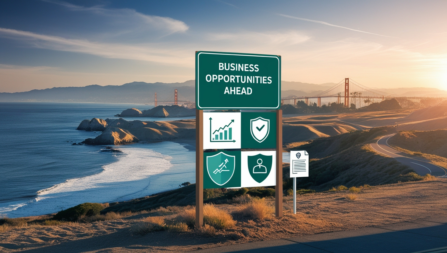 California landscape with a sign reading 'Business Opportunities Ahead,' highlighting LLC benefits