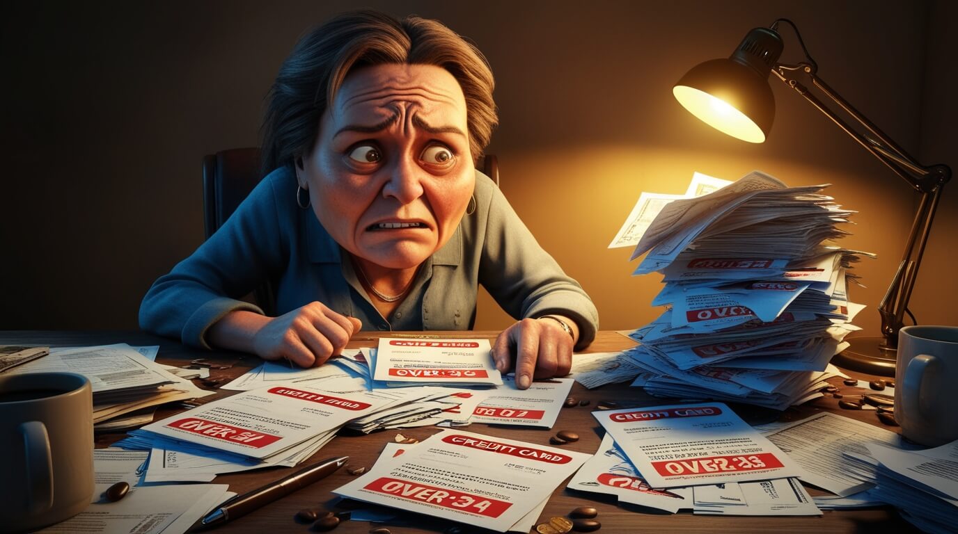 A stressed individual looking at unpaid bills and debt paperwork