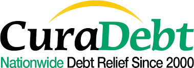 CuraDebt logo with key services like tax relief, credit card debt, and business debt support