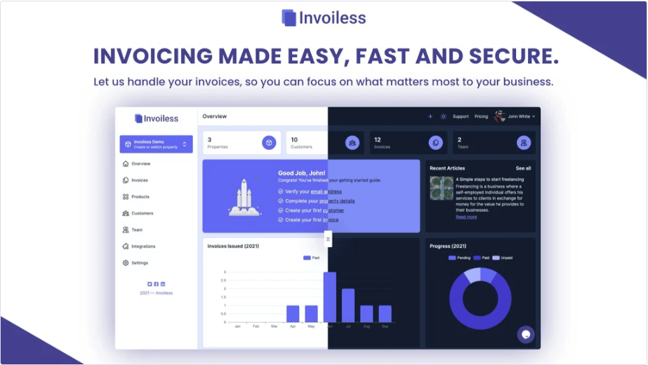 Dashboard view of Invoiless showcasing invoice management features