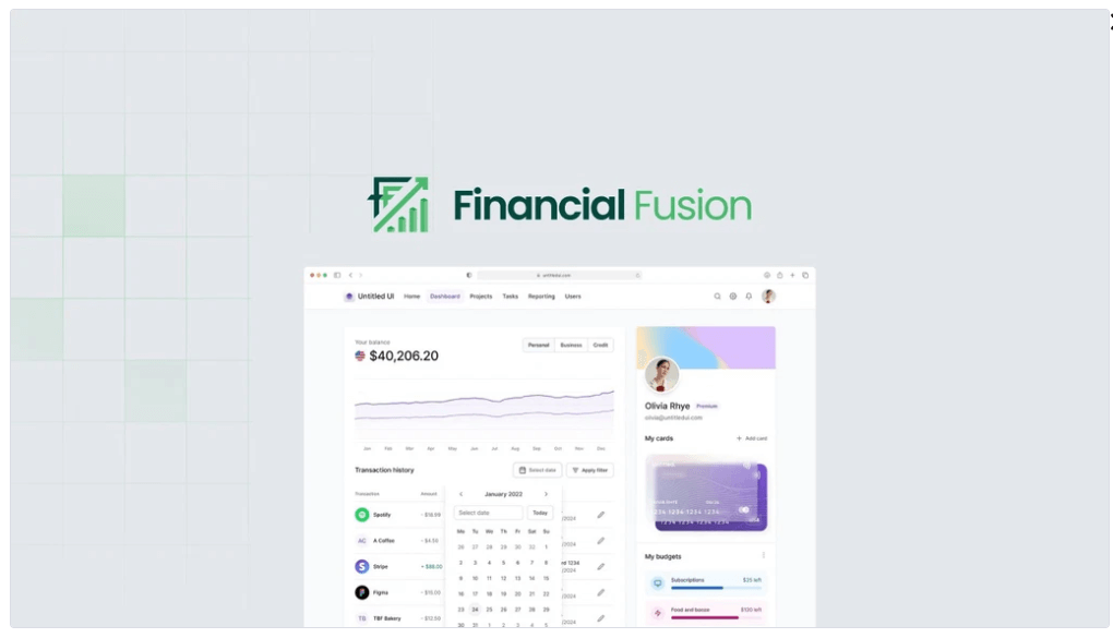 Financial Fusion dashboard showing real-time financial data and trends