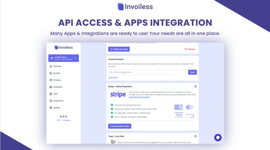 Illustration of Invoiless integrations with Stripe, PayPal, and Google Drive.