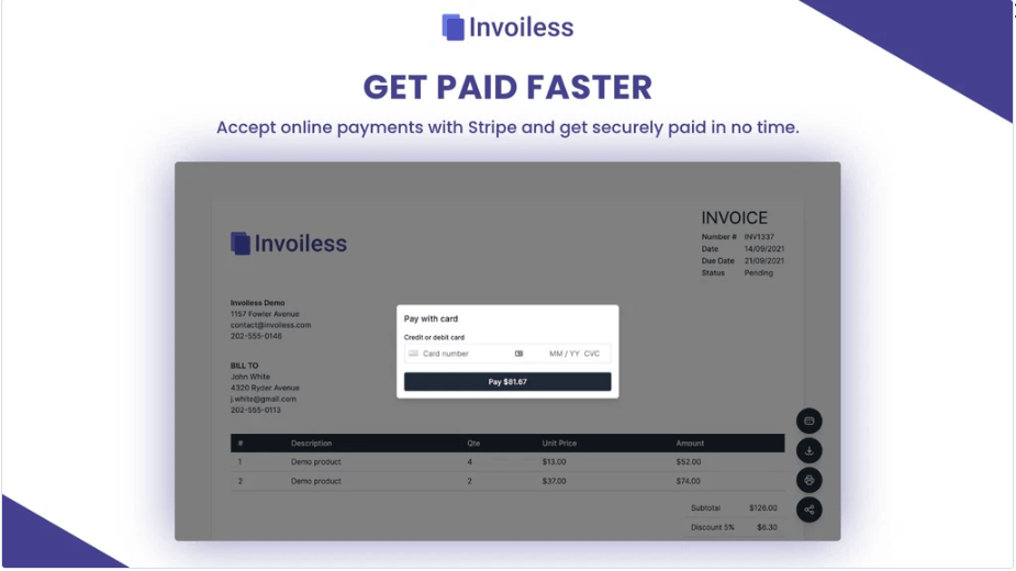 Invoiless platform interface for creating and sending invoices.