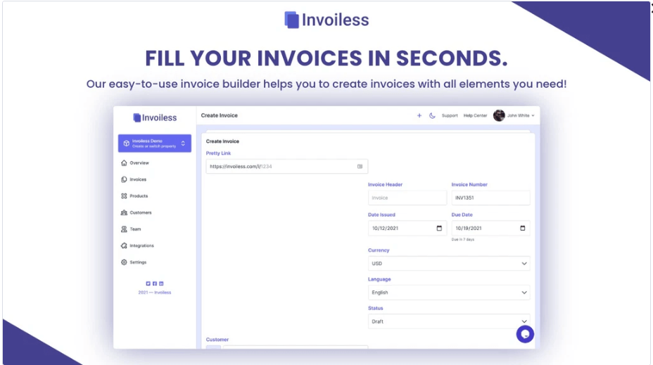 Invoiless platform interface for creating and sending invoices.