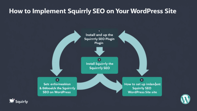 How to Implement Squirrly SEO lifetime deal on Your WordPress Site section. Image Description A step-by-step visual guide or flowchart illustrating how to install and set up the Squirrly SEO plugin in WordPress.