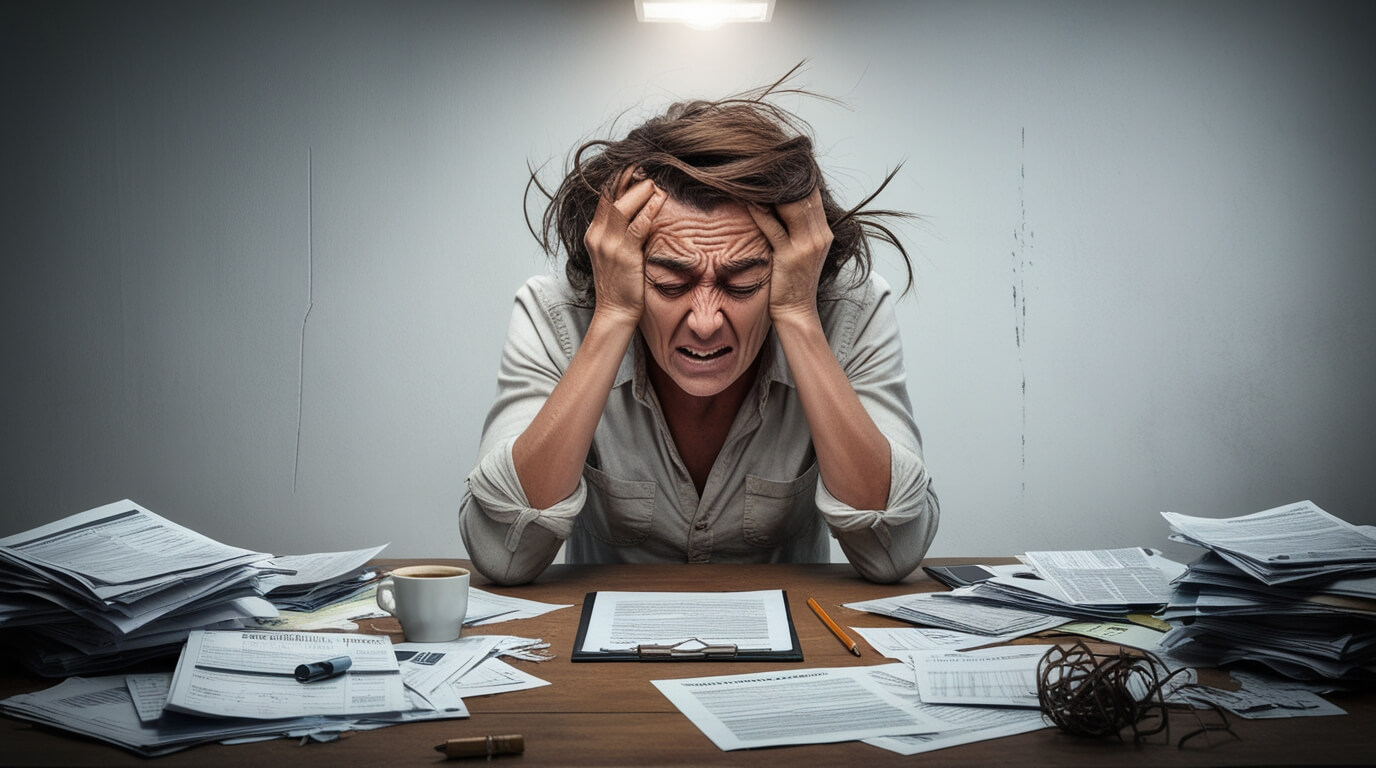 Place a header image here showing a stressed individual surrounded by bills or financial paperwork to reflect the topic. Alt text 'Person stressed about debt looking for a solution.