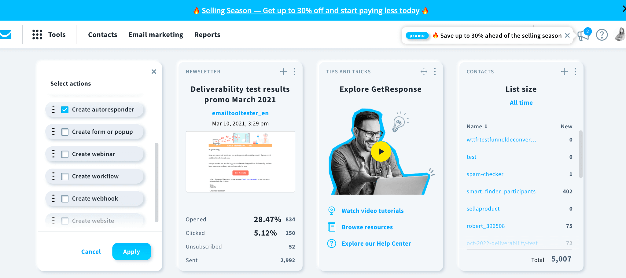 GetResponse user interface showcasing email campaign tools